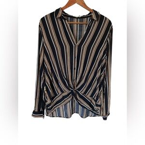 Lush Navy Blue and White Striped Blouse with Orange Rust Accents